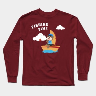 Vector cartoon illustration of cute bear fishing on sailboat with cartoon style. Long Sleeve T-Shirt